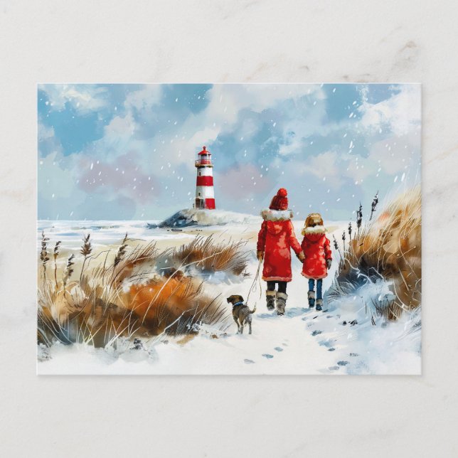 Cartes Pour Fêtes Annuelles Promenade hivernale sur la plage avec chien jusqu' (Devant)