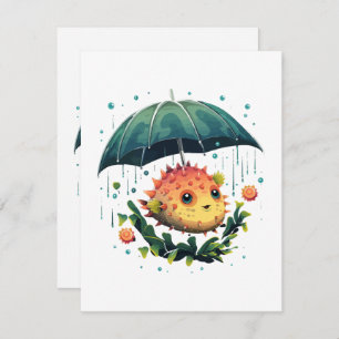 Cartes Pour Fêtes Annuelles Puffer Fish Rainy Day avec parapluie