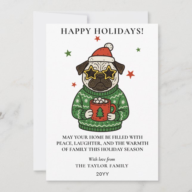 Cartes Pour Fêtes Annuelles Pug Ugly Sweater Christmas Hot Cocoa Marshmallow  (Devant)
