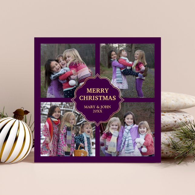Cartes Pour Fêtes Annuelles Purple and Gold Noël 4 Photos Carrés Collage (Créateur téléchargé)