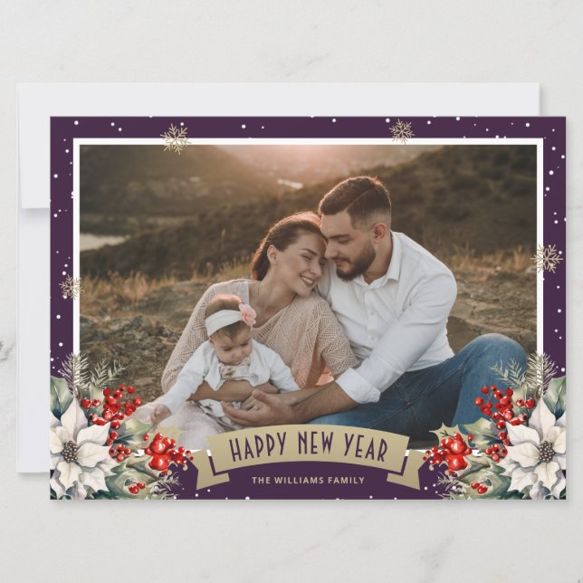 Cartes Pour Fêtes Annuelles Purple Botanical Snowflake Photo Happy New Year (Devant)