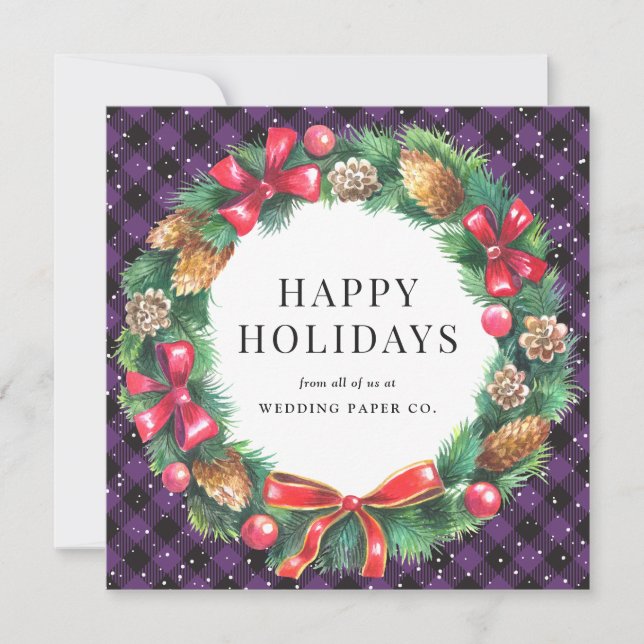 Cartes Pour Fêtes Annuelles Purple Buffalo Plaid Christmas Wreath Business (Devant)