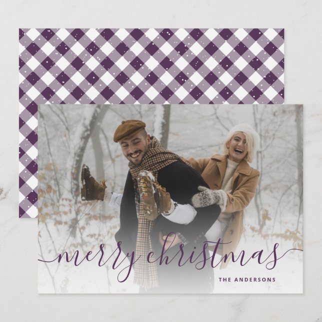 Cartes Pour Fêtes Annuelles Purple En vichy Plaid Photo Joyeux Noël (Devant / Derrière)