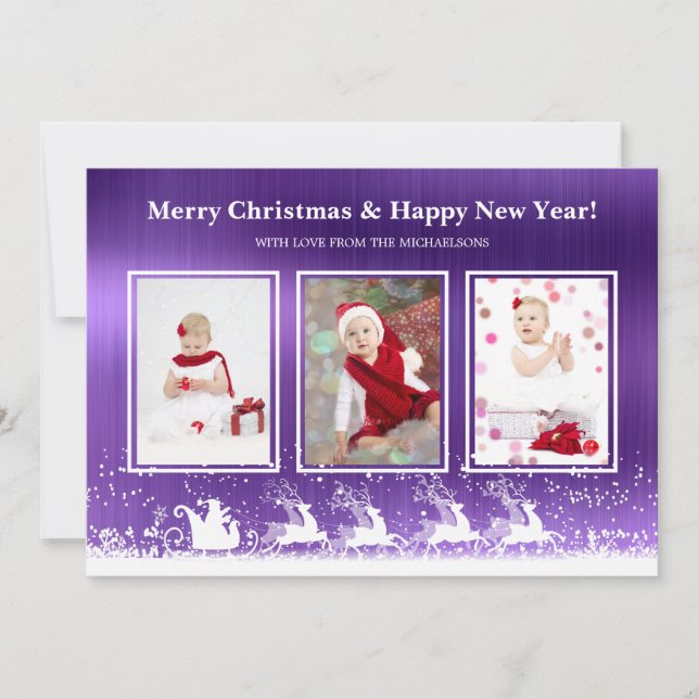 Cartes Pour Fêtes Annuelles Purple Métallurgique Sleigh Snow Photo Noël (Devant)
