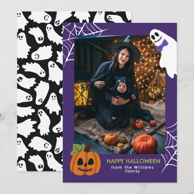 Cartes Pour Fêtes Annuelles Purple mignon Citrouille et fantôme Happy Hallowee (Devant / Derrière)