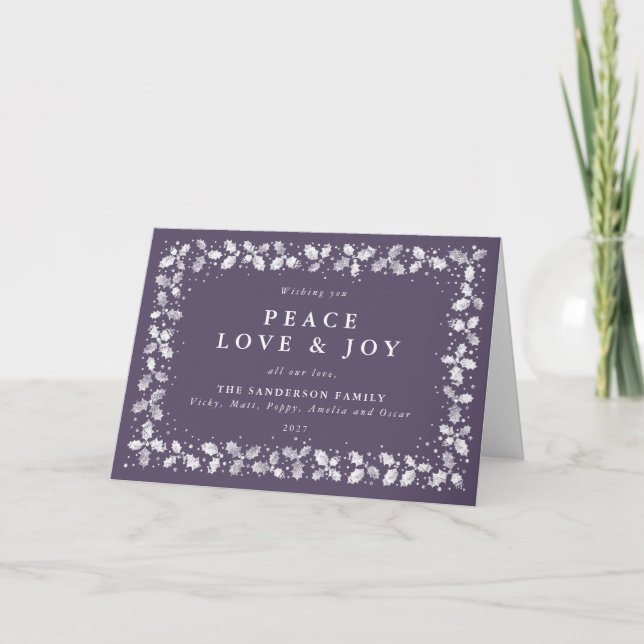 Cartes Pour Fêtes Annuelles Purple Peace Love & Joy Imprimé Holly Non Photo (Devant)