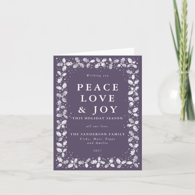 Cartes Pour Fêtes Annuelles Purple Peace Love & Joy Main Imprimée Holly (Devant)