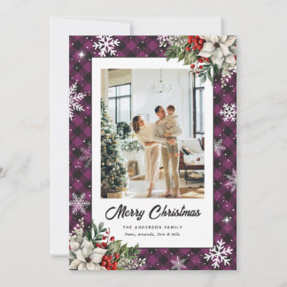 Cartes Pour Fêtes Annuelles Purple Plaid Botanical Photo Christmas Card