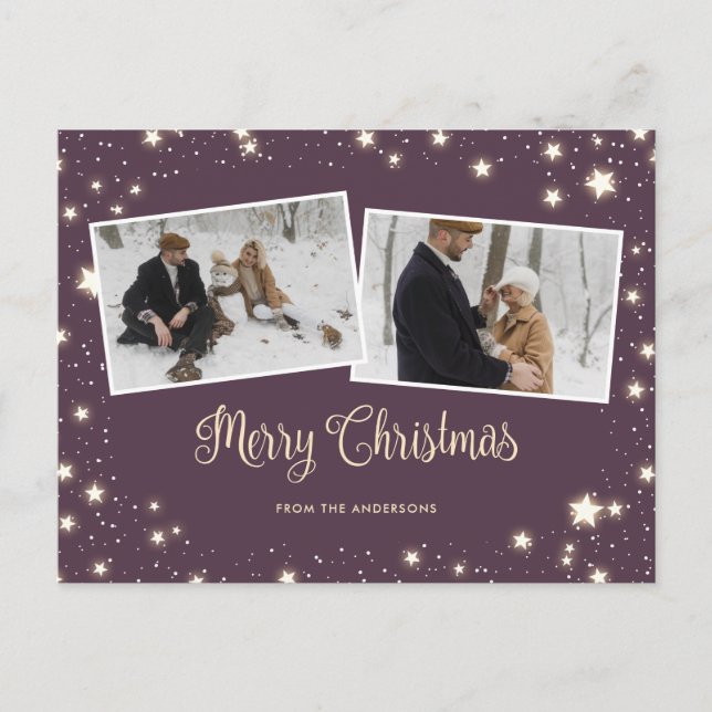 Cartes Pour Fêtes Annuelles Purple Stars Neige Photo Joyeux Noël (Devant)