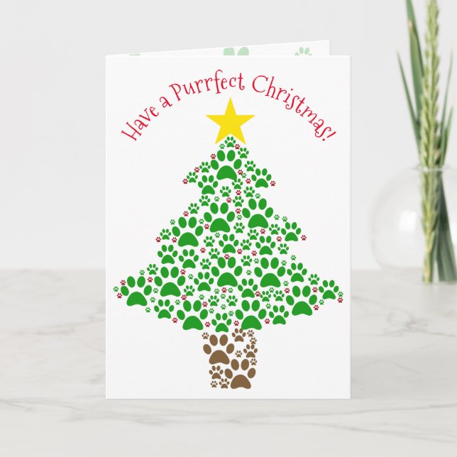 Cartes Pour Fêtes Annuelles Purr-fect Noël amusant Empreinte de patte Arbre Am (Devant)