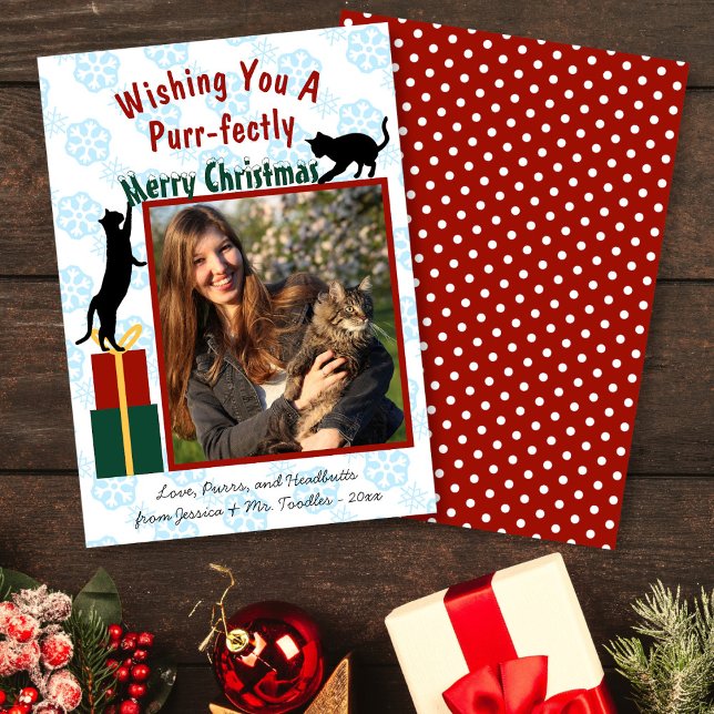 Cartes Pour Fêtes Annuelles Purr parfaitement joyeux Noël Jouer Chats Photo (In Situ Front/Back)