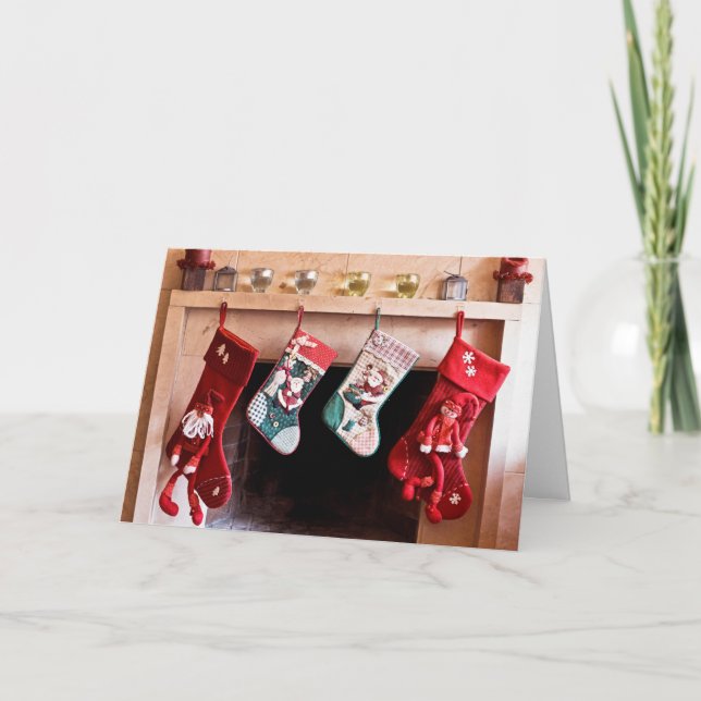 Cartes Pour Fêtes Annuelles Quatre bas de Noël accrochant sur la cheminée (Devant)