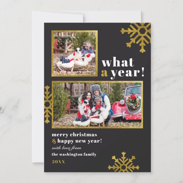 Cartes Pour Fêtes Annuelles Quelle Année ! | Black & Gold Foil Photo de Noël (Devant)