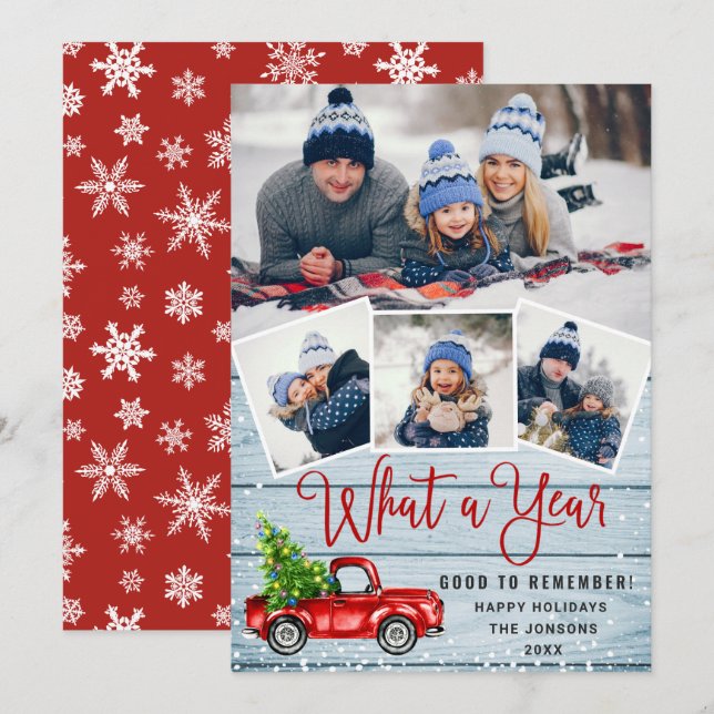 Cartes Pour Fêtes Annuelles Quelle année Noël Camion de ferme rouge 4 Photo (Devant / Derrière)