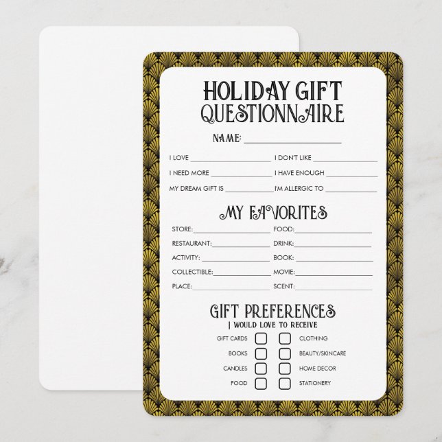 Cartes Pour Fêtes Annuelles Questionnaire cadeau de vacances Art Déco (Devant / Derrière)