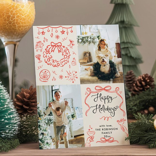 Cartes Pour Fêtes Annuelles Quirky Boho Hand Drawing Bows Joyeux Noël Photo (Créateur téléchargé)