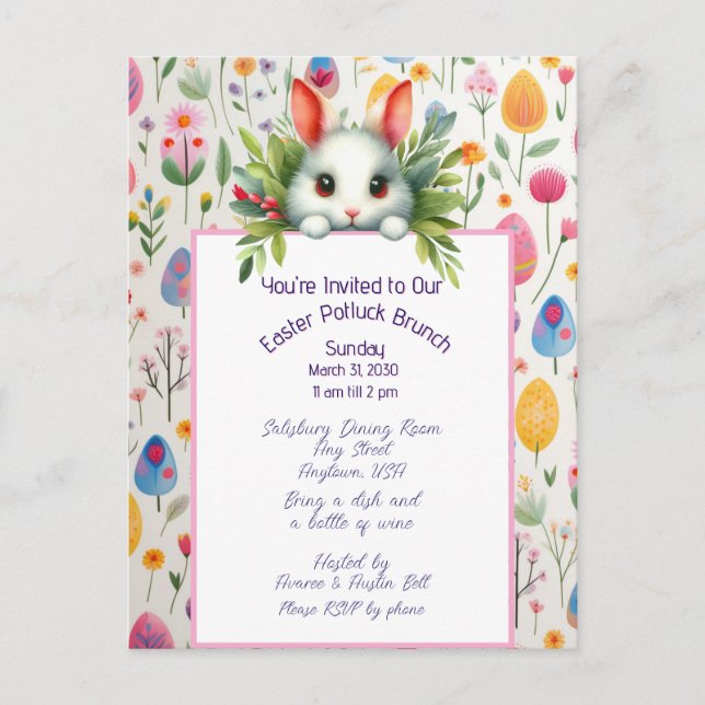 Cartes Pour Fêtes Annuelles Rabbit de Pâques et Oeufs Potluck Brunch Invitatio (Devant)