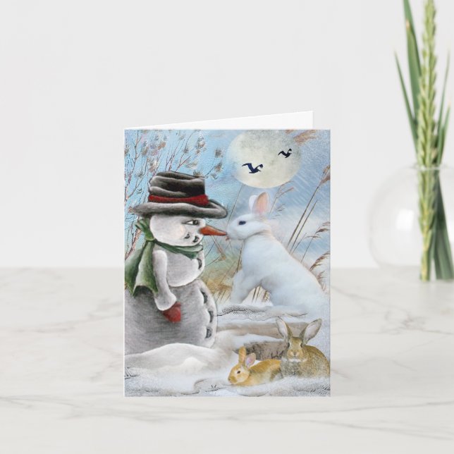 Cartes Pour Fêtes Annuelles Rabbit Manger le nez de Snowman (Devant)