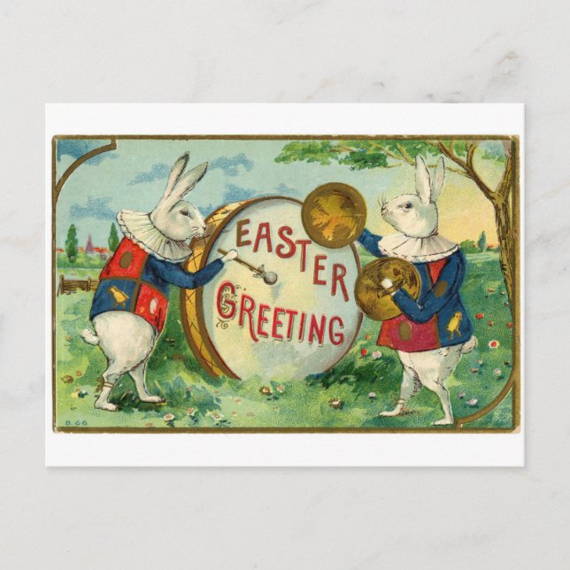 Cartes Pour Fêtes Annuelles Rabbits jouant au tambour Antique Salutations de P (Devant)