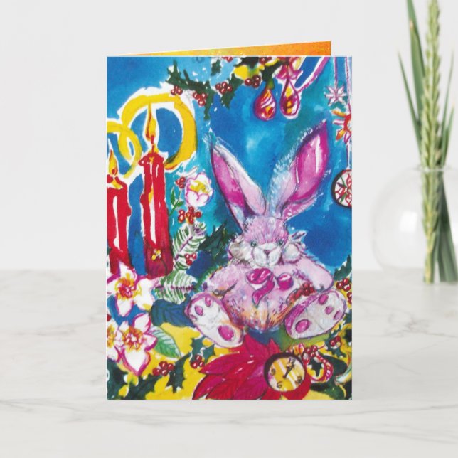CARTES POUR FÊTES ANNUELLES RABIT ROSE, BOUGIES DE NOËL ET HOLLYBERRIES (Devant)