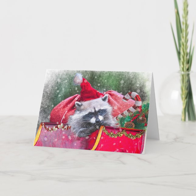 Cartes Pour Fêtes Annuelles Raccoon de Noël à Père Noël Sleigh (Devant)