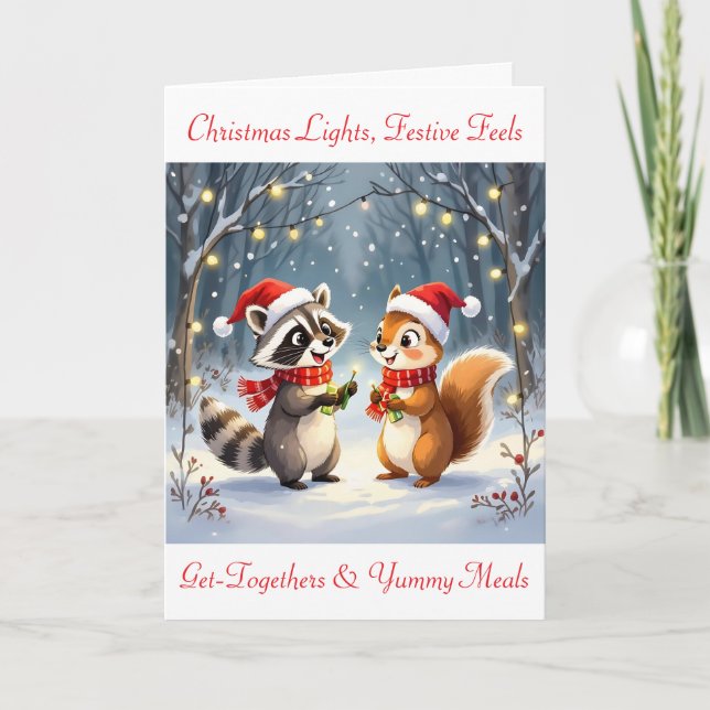 Cartes Pour Fêtes Annuelles Raccoon et écureuil suspendus lumières de Noël (Devant)