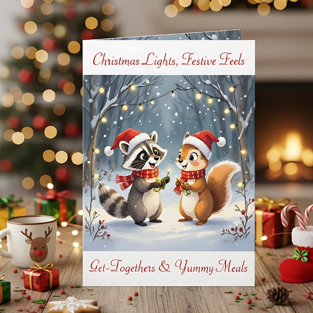 Cartes Pour Fêtes Annuelles Raccoon et écureuil suspendus lumières de Noël (Créateur téléchargé)