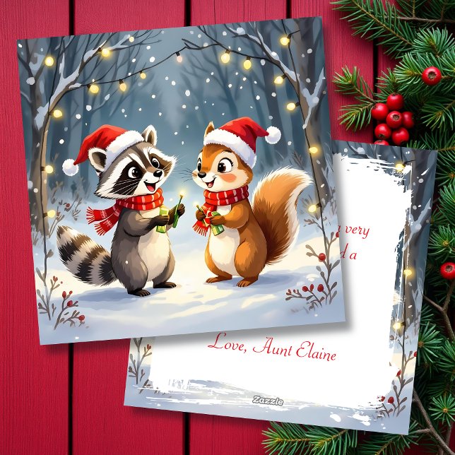 Cartes Pour Fêtes Annuelles Raccoon et écureuil suspendus lumières de Noël (Créateur téléchargé)