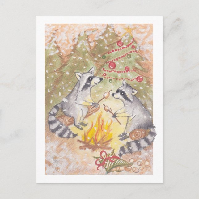 Cartes Pour Fêtes Annuelles Raccoons Roasting Marshmallows Holiday (Devant)
