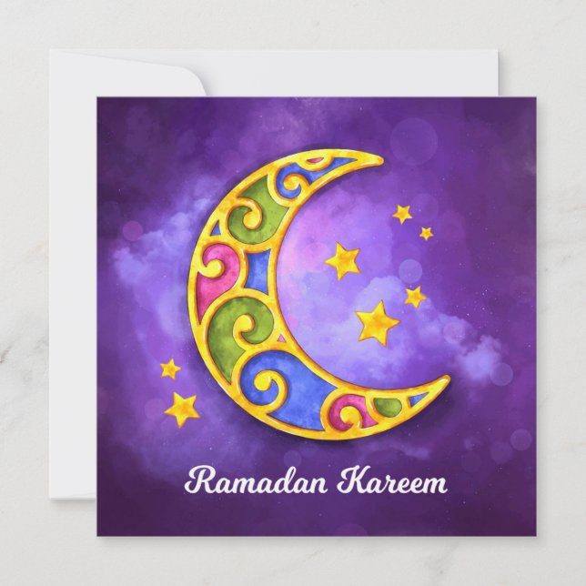 Cartes Pour Fêtes Annuelles Ramadan Kareem | Croissant couleur d'aquarelle (Devant)