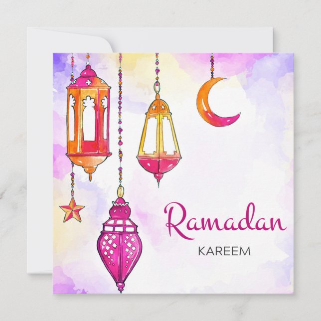 Cartes Pour Fêtes Annuelles Ramadan Kareem Moubarak Croissant d'aquarelle (Devant)