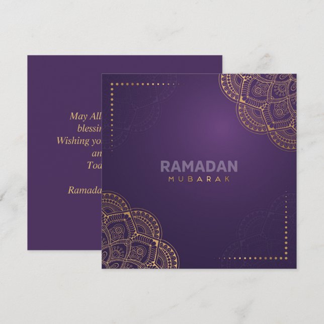 Cartes Pour Fêtes Annuelles Ramadan Kareem Moubarak Golden Mandala Purple (Devant / Derrière)