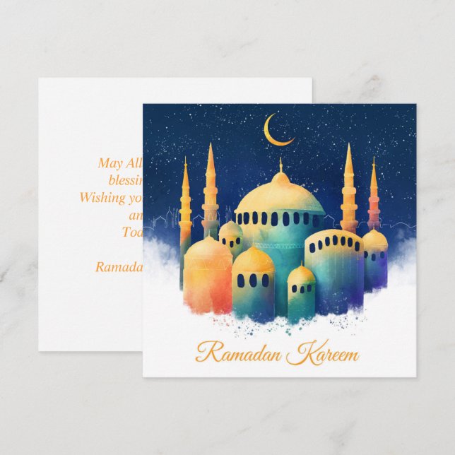 Cartes Pour Fêtes Annuelles Ramadan Kareem Mubarak Watercolor Cresent Mosquée (Devant / Derrière)