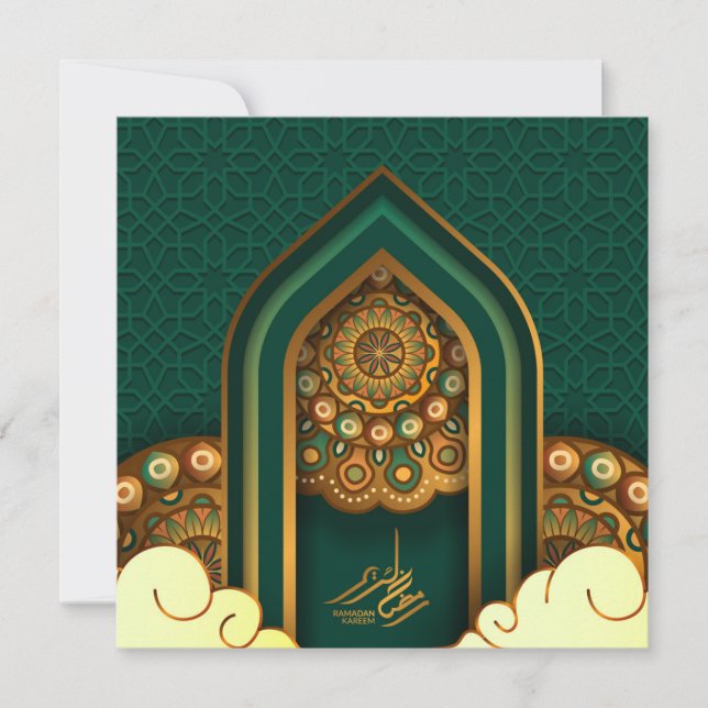 Cartes Pour Fêtes Annuelles Ramadan Moubarak Golden Lanterns islamiques verts (Devant)