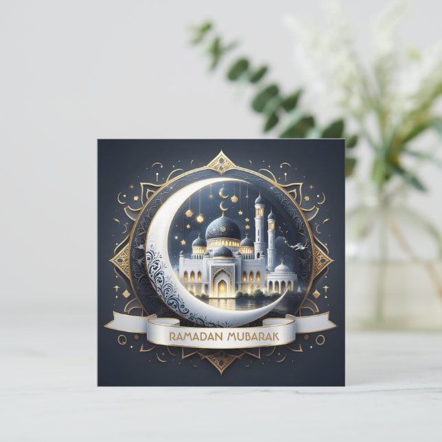Cartes Pour Fêtes Annuelles Ramadan Moubarak Musulman Mosquée Bleu Marine Doré (Debout devant)