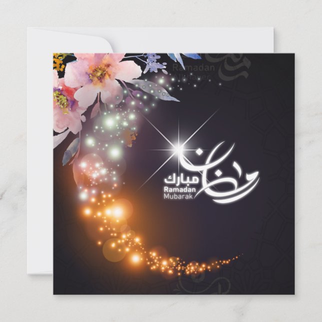 Cartes Pour Fêtes Annuelles Ramadan Mubarak Croissant brillant Fleurs roses (Devant)