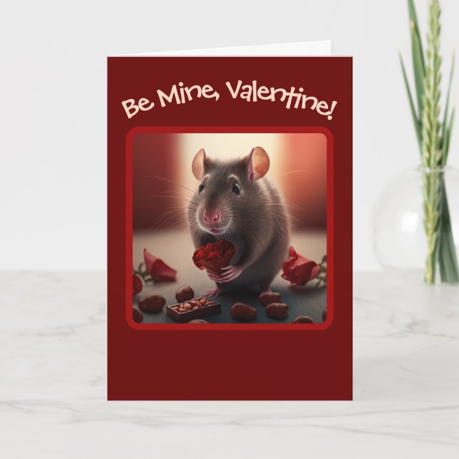Cartes Pour Fêtes Annuelles Rat adorable aux fleurs rouges Saint-Valentin (Devant)