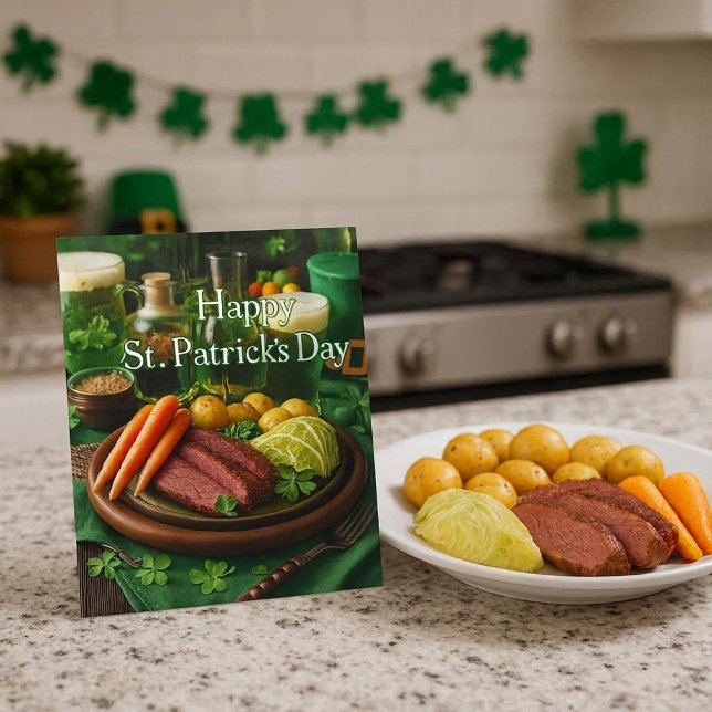 Cartes Pour Fêtes Annuelles Recette de corned-beef pour la Saint-Patrick  (St Patrick's Day recipe card with corned beef & cabbage recipe on back.  Mockup shown)