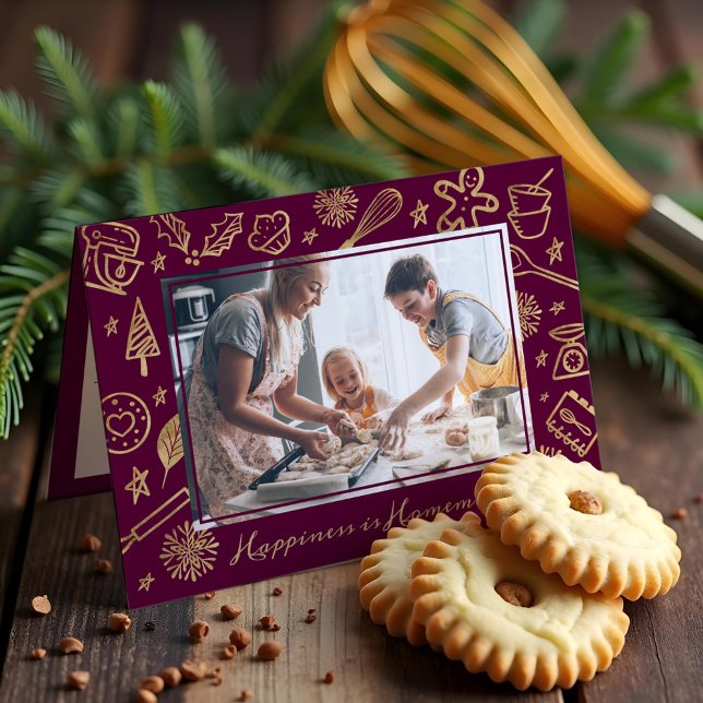 Cartes Pour Fêtes Annuelles Recette de Noël familiale Gold & Burgundy Photo (Family Christmas Recipe Gold & Burgundy Photo Holiday Card)