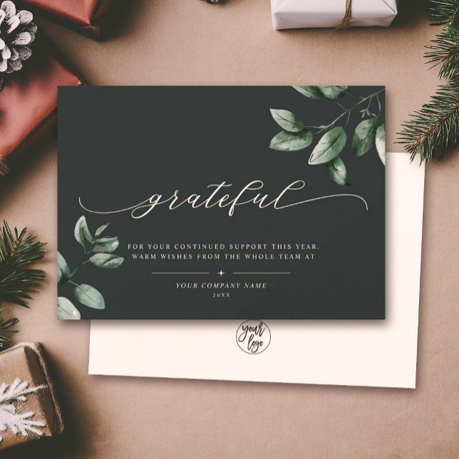 Cartes Pour Fêtes Annuelles Reconnaissant | Élégant script Eucalyptus Logo d'e (Créateur téléchargé)