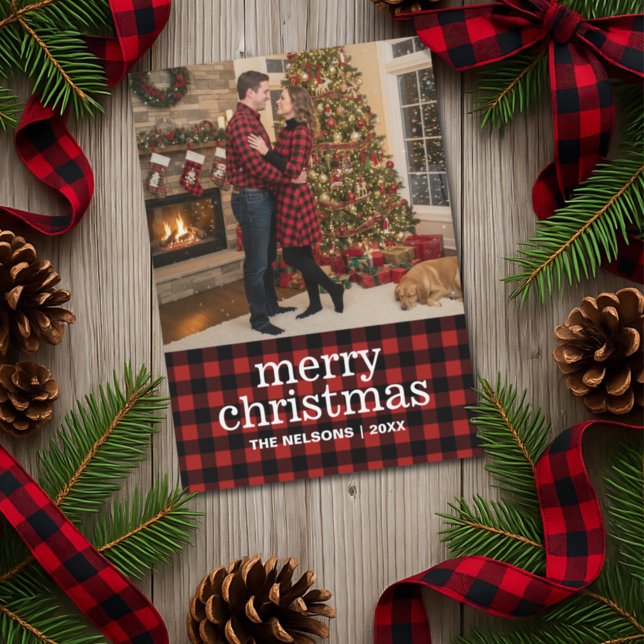 Cartes Pour Fêtes Annuelles Red and Black Buffalo Plaid Merry Christmas Photo  (Créateur téléchargé)