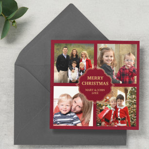 Cartes Pour Fêtes Annuelles Red and Gold Noël 4 Carrés Photos Collage