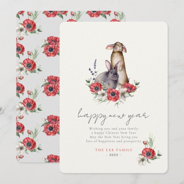 Cartes Pour Fêtes Annuelles Red Anemone Bunnies Année du lapin Nouvel An (Devant / Derrière)