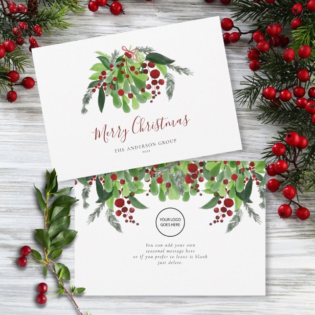 Cartes Pour Fêtes Annuelles Red Berries Green Business Logo Noël (Red Berries Greenery Business Logo Christmas Holiday Card)