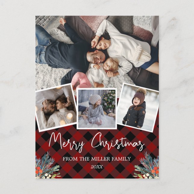 Cartes Pour Fêtes Annuelles Red Berries Holiday Buffalo rouge plaid Photo (Devant)