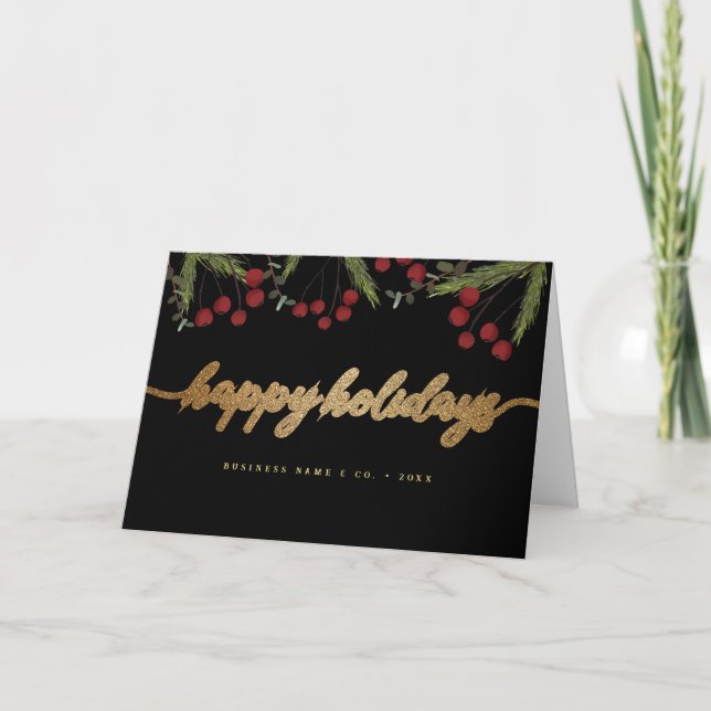 Cartes Pour Fêtes Annuelles Red Black & Gold Happy Holiday Script foliage (Devant)