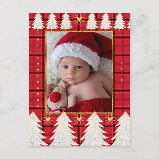Cartes Pour Fêtes Annuelles Red Black Plaid & White Trees Rustic Holiday Photo (Devant)