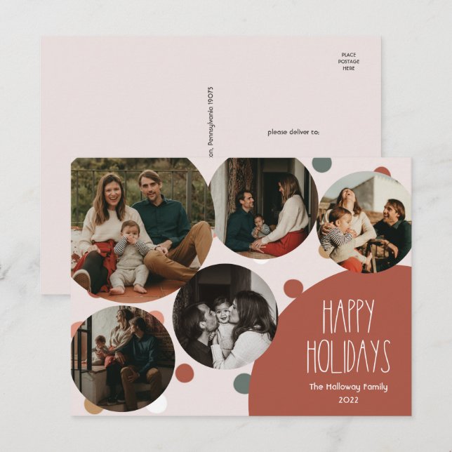 Cartes Pour Fêtes Annuelles Red Boho Polka Dot Happy Holidays Cinq photos (Devant / Derrière)