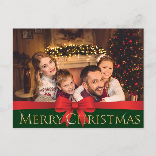 Cartes Pour Fêtes Annuelles Red Bow Golden Sparking Joyeux Noël Photo (Devant)