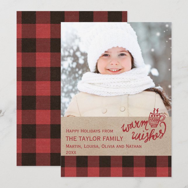 Cartes Pour Fêtes Annuelles Red Buffalo Plaid Christmas Photo (Devant / Derrière)